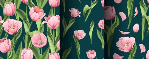 einstellen von nahtlos Muster mit Frühling Blumen. Textur mit Rosa Tulpen und Blütenblätter. Grafik. großartig zum Hintergrund, Stoff, Karten vektor