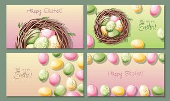 einstellen von Ostern Plakate und Banner mit Ostern Eier im ein Nest auf ein bunt Hintergrund. Frühling Illustration. Herzliche Glückwünsche und Geschenke zum Ostern im Karikatur Stil. vektor