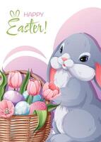 påsk hälsning kort mall. affisch med de påsk kanin och en korg med ägg och tulpaner. vår söt Semester illustration vektor