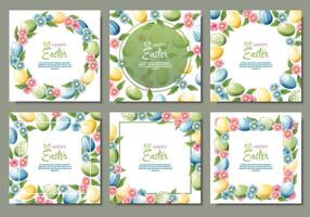 uppsättning av bakgrund med påsk ägg och blommor. vykort, baner för påsk. vår tid. ram med färgrik ägg. vektor