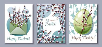 uppsättning av påsk hälsning kort mallar. , baner med vide grenar, påsk ägg. Hej vår. illustration i tecknad serie stil för kort, inbjudan, bakgrund, etc. vektor