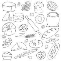 uppsättning av bageri Produkter i tecknad serie stil på en vit bakgrund. översikt teckning av bröd och bullar. vektor