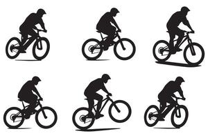 svart silhuetter av cyklist ryttare Hoppar på en vit bakgrund vektor