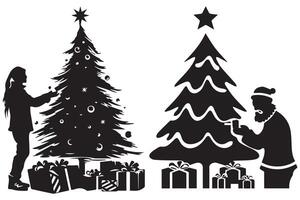 einstellen von Silhouette von ein Mann unter das Weihnachten Baum und Geschenk Box vektor