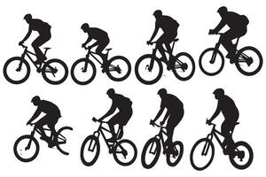 svart silhuetter av cyklist ryttare Hoppar på en vit bakgrund vektor