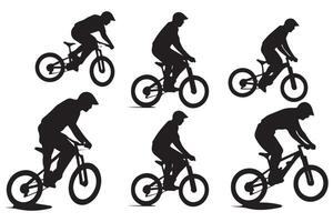 Springen Radfahrer Silhouetten im schwarz auf Weiß Hintergrund vektor