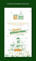 porträtt baner i vit bakgrund med hand dragen av burger Ingredienser för social media posta mall eller reklam design av gata mat vektor