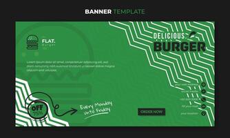 Banner Vorlage im Grün Hintergrund mit einfach Muster und eben Burger Design zum Straße Essen Beförderung Design vektor
