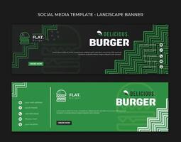 landskap baner mall i svart och grön bakgrund design med enkel mönster och platt burger design för snabb mat reklam kampanj vektor