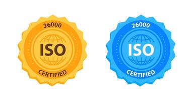 iso 26 000 kvalitet förvaltning certifiering bricka guld och blå. illustration vektor
