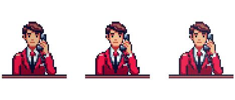 pixel konst karaktär innehav telefon bär röd kostym med slips, kontor arbetstagare. vektor