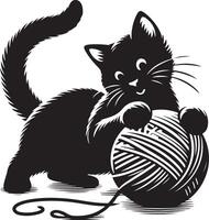 Katze spielen mit ein Ball von wolle , schwarz Farbe Silhouette vektor