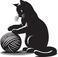 Katze spielen mit ein Ball von wolle , schwarz Farbe Silhouette vektor