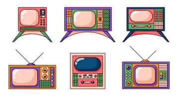 retro TV uppsättning i pop- tecknad serie stil. hand dragen årgång rosa samling med skärm. illustration isolerat på en vit bakgrund. vektor