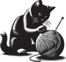 Katze spielen mit ein Ball von wolle , schwarz Farbe Silhouette vektor