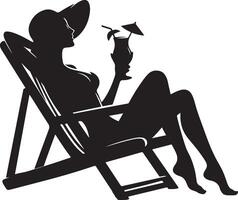 ein Frau entspannend auf ein Strand Stuhl mit trinken, schwarz Farbe Silhouette vektor