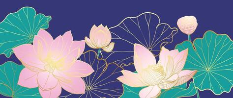 lyx lotus blomma bakgrund . elegant rosa lotus blommor gyllene linje konst, löv, lutning Färg på blå. japansk och kinesisk illustration design för dekor, tapet, baner, förpackning. vektor