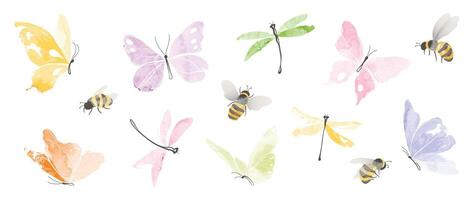 einstellen von Insekten Garten Elemente . Sammlung von Libelle, Biene und Schmetterling bunt. Aquarell Insekten Illustration Design zum Logo, Hochzeit, Einladung, Dekor, drucken, Karte. vektor