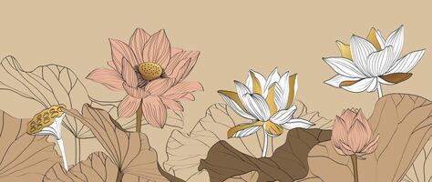 Luxus Lotus Blume Hintergrund . elegant Weiß und Beige Lotus Blume, Blatt schwarz Linie Kunst, Gold Gradient. japanisch und Chinesisch Illustration Design zum Dekor, Hintergrund, Banner, Verpackung. vektor