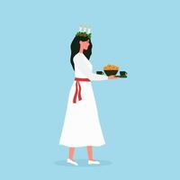 en kvinna i en vit klänning innehav en tallrik av mat, lucia dag vektor
