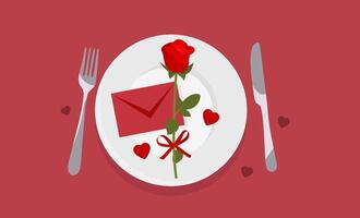 Valentinstag Tag Abendessen mit Rose und Briefumschlag vektor