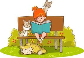 illustration av flicka läsning en bok på de bänk och henne husdjur vektor