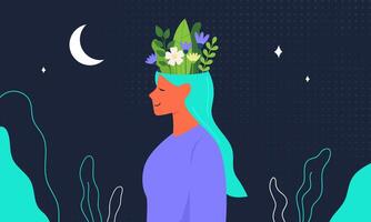 Illustration von ein Frau mit Blumen auf ihr Kopf vektor