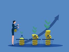 Geschäftsfrau verwalten Investition im Korb zum Risiko Finanzen Balance mit Kauf Investition erhöht sich im finanziell Märkte und gegenseitig Mittel, Risiko Verwaltung Strategie. Illustrator. vektor