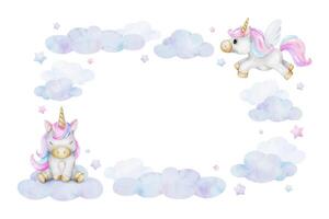 süß Baby Märchen Einhorn, Wolken, Sterne. isoliert Aquarell rahmen. süß Layout zum Kinder Waren, Einladungen, Postkarten, Poster, Baby Dusche und Kinder- Zimmer vektor