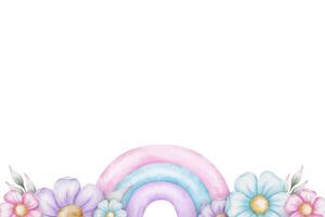 Rahmen von Regenbogen, farbig Blumen mit Blätter. isoliert Hand gezeichnet Aquarell Rand zum Einladung, Hochzeit, Gruß Karten, Baby Dusche, Valentinstag Tag vektor
