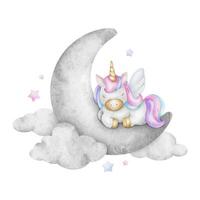 süß Baby Märchen Einhorn Schlafen auf Halbmond Mond im Wolken, Sterne. isoliert Aquarell Illustration zum Logo, Kinder Waren, Kleidung, Textilien, Postkarten, Poster, Baby Dusche und Kinder- Zimmer vektor