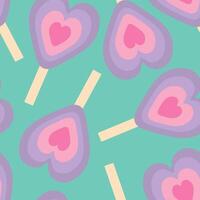 Muster mit Eis Sahne auf ein Stock im das gestalten von ein lila und Rosa Herz auf ein Minze Hintergrund vektor