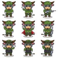 söt buffel soldat i kamouflage enhetlig. tecknad serie rolig buffel soldat karaktär med hjälm och grön enhetlig i annorlunda positioner. vektor