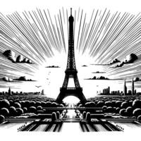 schwarz und Weiß Illustration von das Eiffel Turm Besichtigung im Paris vektor