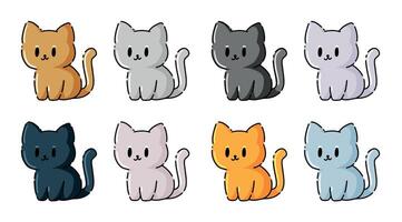 katt tecknad serie uppsättning. söt pott karaktär, Lycklig kattunge teckning isolerat på vit. översikt färgrik annorlunda djur- porträtt vektor