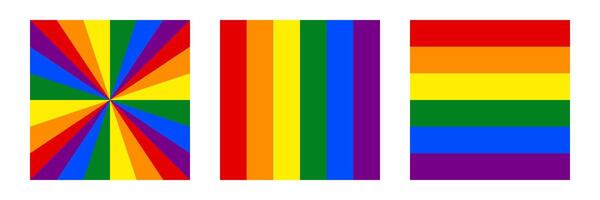 ein einstellen von hell Regenbogen Muster auf drei trennen Tafeln. das Paneele umfassen ein strahlend Muster, Vertikale Regenbogen Streifen und ein traditionell horizontal Regenbogen Flagge. Illustration vektor