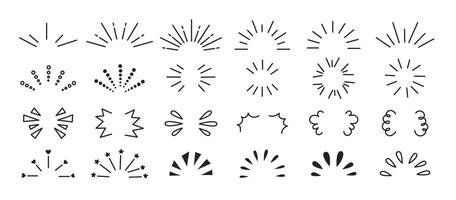 Gekritzel Linie funkelt und Strahlen. Hand gezeichnet Explosionen, Sonne platzt, Konfetti, dekorativ Elemente. feiern Spritzen Skizzen. Comic Buch Stil vektor