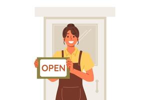 kvinna servitör visar inskrift öppen stående nära dörr av restaurang och inbjudande till bli besökare vektor