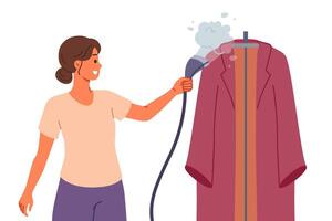 ånga järn i hand av kvinna omtänksam för kläder efter tvättning och njuter hushållsarbete vektor