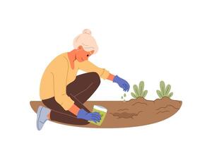 äldre kvinna växter frön i jord, plantering blommor i trädgård eller bakgård av hus vektor