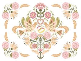 Hochzeit Blumen- horizontal Einladung oder Banner im retro Volk Stil mit animalisch Symmetrie Komposition mit Vögel, Ringe und Herz im stumm geschaltet Farben. botanisch Vorlage zum Engagement Karte vektor