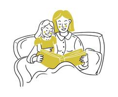 skizzenhaft Illustration von lesen Mutter zu Kind im Bett. Kontur eben Gekritzel Zeichnung isoliert auf Weiß Hintergrund. Hand gezeichnet Salzen oben Konzept zum Logo oder Aufkleber vektor