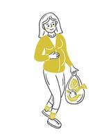 Gekritzel Illustration von schwanger glücklich Frau mit Einkaufen Tasche und gesund Essen im Es. Gliederung eben skizzenhaft Zeichnung isoliert auf Weiß Hintergrund. Gesundheit Pflege Konzept zum Logo, Aufkleber vektor