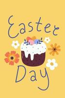 glücklich Ostern Gruß Karte mit Ostern Kuchen und Frühling Blumen. eben Illustration. vektor