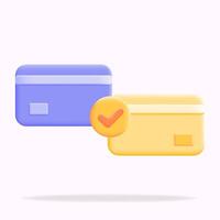 debitera och kreditera kort betalningar, framgångsrik betalning markant med en kolla upp märke, 3d illustration ikon vektor
