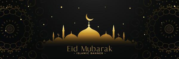lysande gyllene moské dekorativ eid mubarak baner vektor