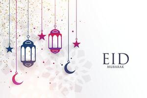 eid Mubarak Festival Gruß mit Lampen und Mond vektor
