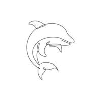 enda kontinuerlig linjeteckning av vänliga söta delfiner för akvariets logotypidentitet under vattnet. vilda havsdäggdjur djur koncept för cirkus maskot. en rad rita vektor design grafisk illustration