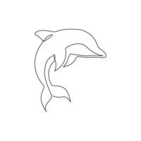 eine durchgehende Strichzeichnung eines freundlichen süßen Delphins für die Logoidentität des Aquariums. glückliches Säugetiertierkonzept für Firmenmaskottchen. dynamische einzeilig zeichnende Designillustration Vektorgrafik vektor