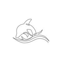 en kontinuerlig linjeritning av vänliga söta delfiner för akvarium logotyp identitet. lyckligt däggdjursdjurkoncept för företagsmaskot. trendiga en rad vektor rita design grafisk illustration
